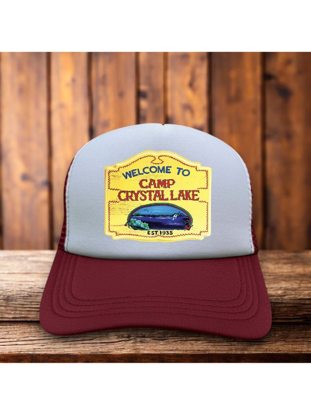 Camp Crystal Lake Mens Trucker Hat Maroon Snapback Friday The 13th Baseball Cap